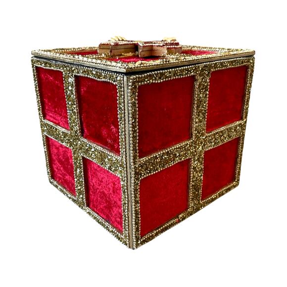 Red Velvet Gold Sequin Christmas Present Gift Box w/ Bow & Lid 7in Holiday Decor - Picture 10 of 15